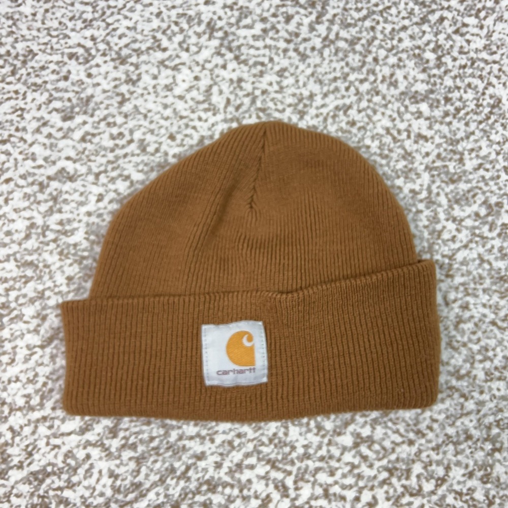 Carhartt‎ Hat Beanie Mens One Size Brown Cuffed Knit Logo Winter Workwear Casual